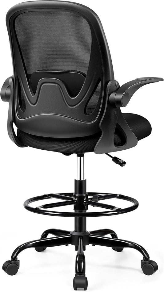 Drafting Chair Tall Office Chair with Flip-up Armrests, Adjustable Height, and Enhanced Lumbar Support - Ergonomic Rolling Stool, Back Support, and Adjustable Foot Rest Ring for Standing Desk Black