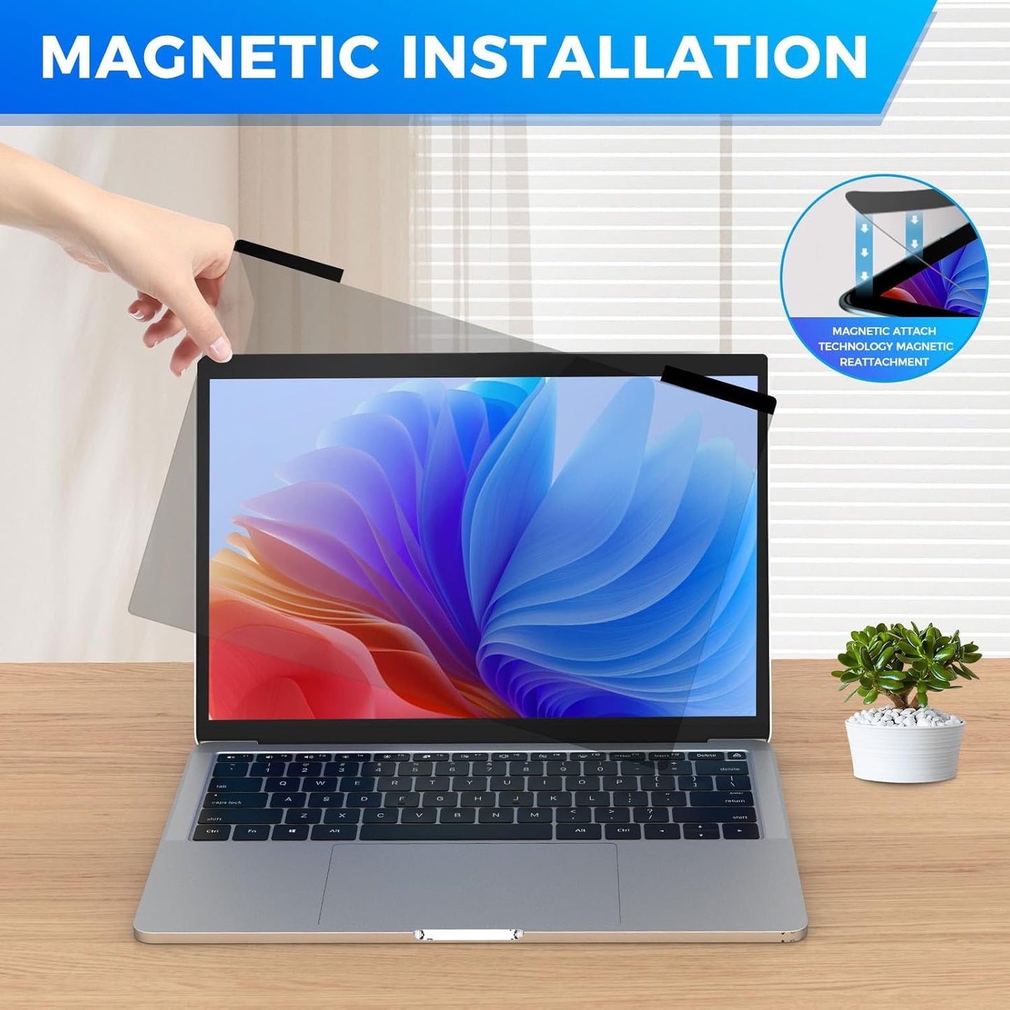 Magnetic Laptop Privacy Screen Filter 13.3 inch for 16:9 Widescreen Computer Monitor, Removable Anti Blue Light Privacy Shield, Anti-Glare Protector