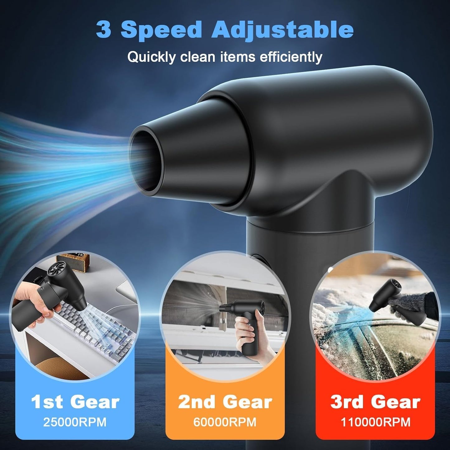 Electric Air Duster, 110,000 RPM 3 Gear Adjustable Cordless Air Blower, 6000mAh Rechargeable Battery,Portable Dust Cleaner for Computer,Car Home & Outdoor,Replaces Compressed Air Cans