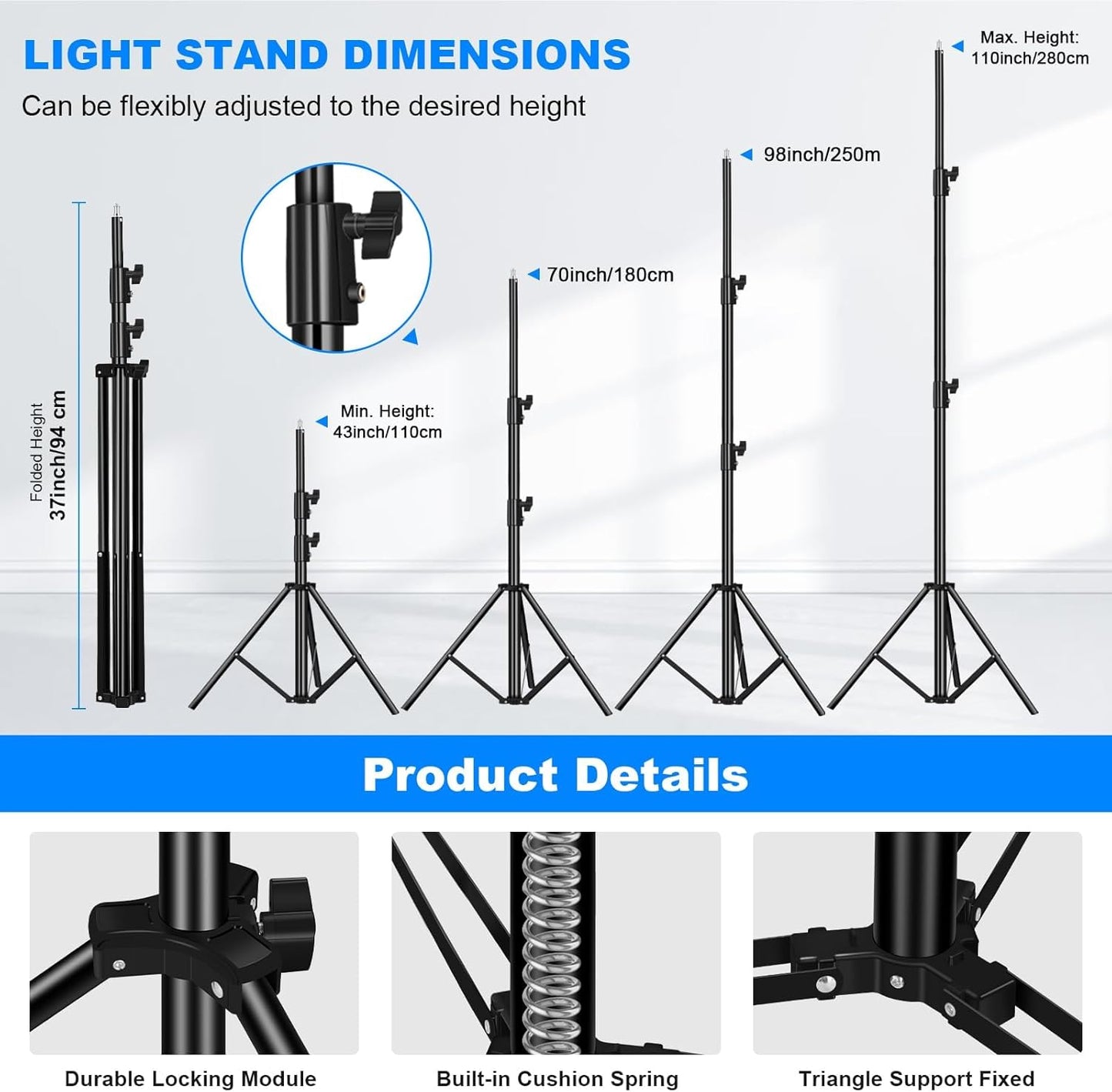 2pack Heavy Duty Light Stand 9.2ft / 110" Aluminum Spring Cushioned Tripod Lighting Stands Max Loading:10KG Adjustable 94cm-280cm with Carry Bag for Photography Softboxes Umbrella Studio Shooting