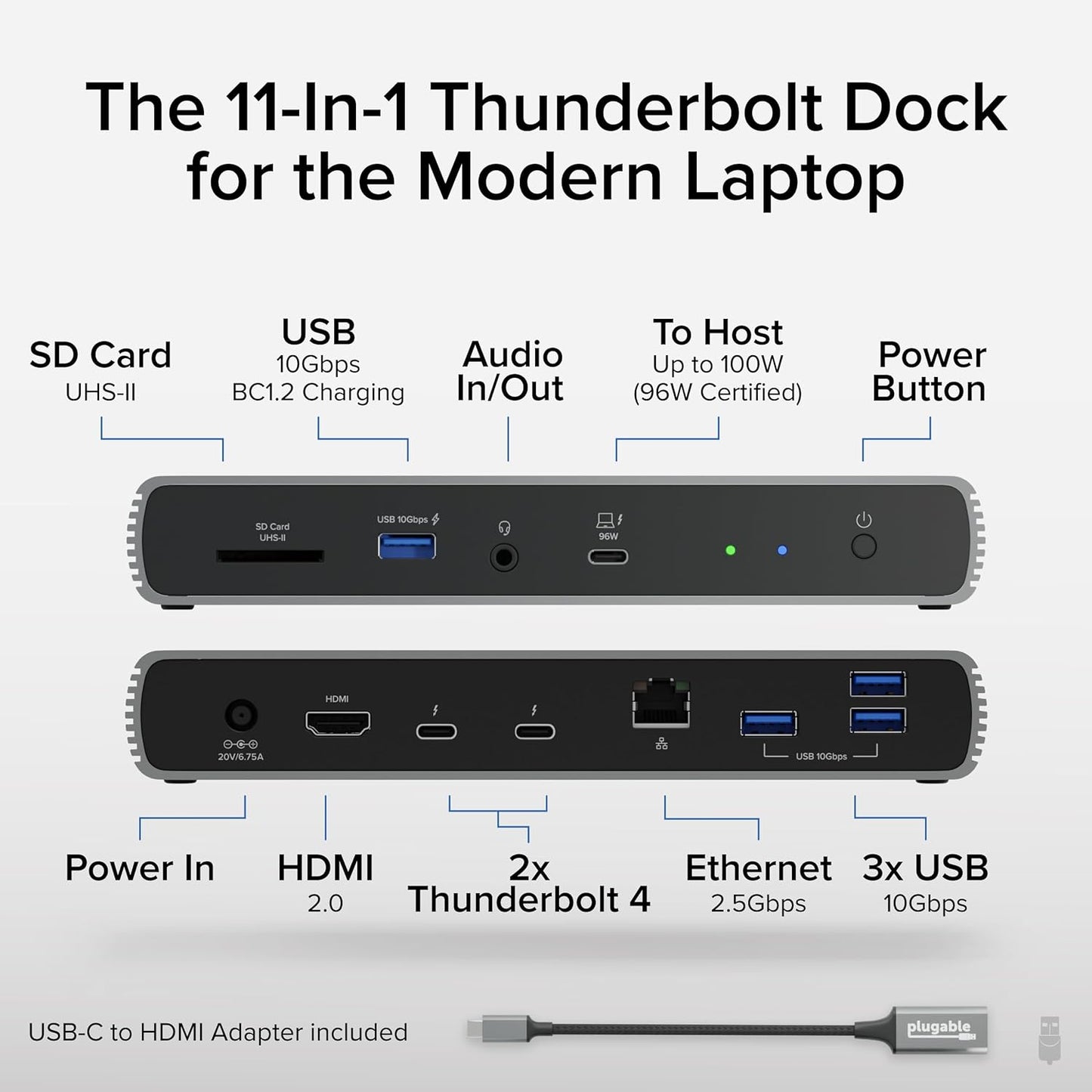 Plugable Thunderbolt 4 Dock for Dual 4K or 8K Display – 100W Charging Docking Station for MacBook Pro and Windows Laptops with 11 Ports, 3X Thunderbolt, Ethernet, USB, and SD Card (TBT4-UDX1)