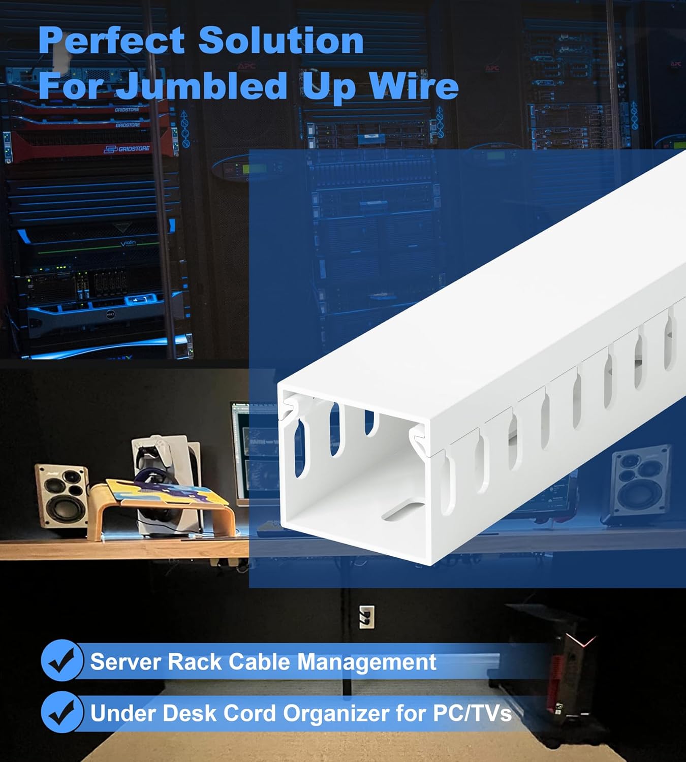 99in(6X L16.5in) Professional Server Rack Cable Management Raceway, H1.4in x W1.6in Cable Raceway Kit, Electrically Safe PVC Open Slot Wire Raceway for Under Desk/Computer/Network Cords, White