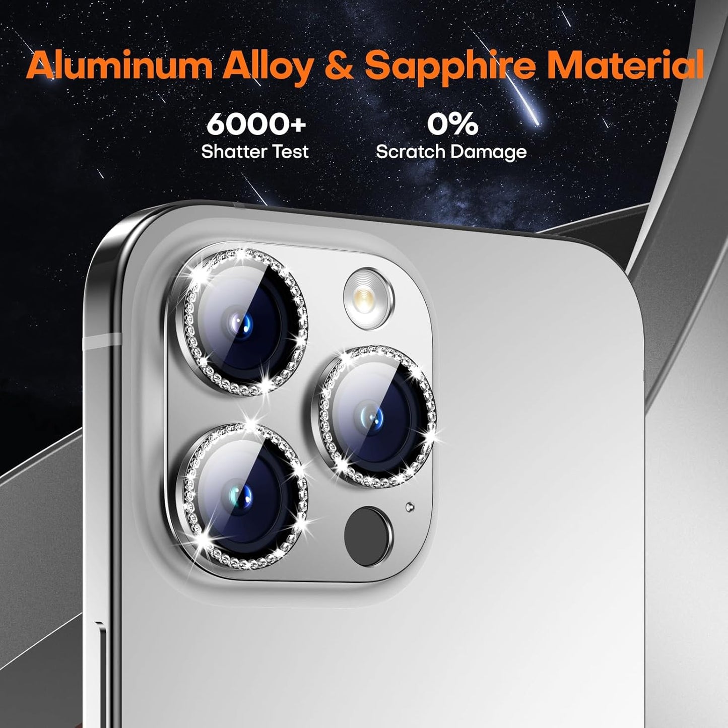 Camera Lens Protector for iPhone 16 Pro Max/16 Pro/15 Pro Max/15 Pro/14 Pro Max/14 Pro, Aluminum Alloy Sapphire Glass Camera Screen Cover, Case Friendly-Silver Diamond