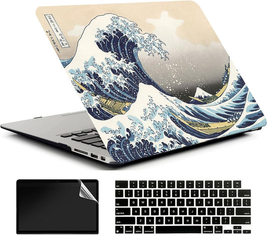Compatible with MacBook Air 13 Inch Case 2017 2016 2015 2014 2013 2012 2011 2010 Release A1466/A1369, Plastic Hard Shell Case & Keyboard Cover & Screen Protector - Kanagawa Japan Wave