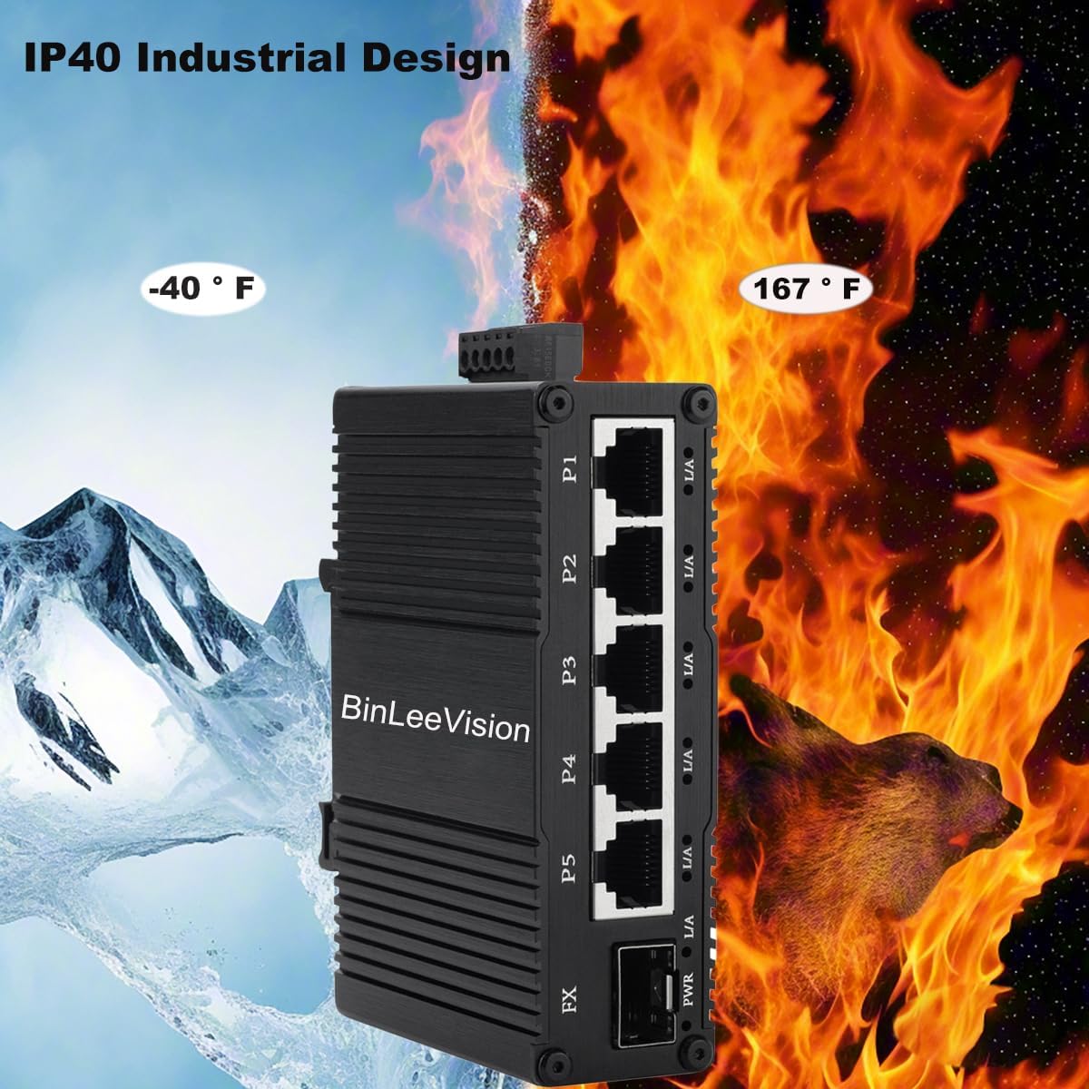 Industrial Mini Gigabit Ethernet Switch 5-Port RJ45 10/100/1000BASE-T+1-Port SFP Slot,Unmanaged Network Switch,Network Hub,Dinrail Mount or Wall-Mount,Plug & Play,Fanless (5 RJ45+1 SFP)