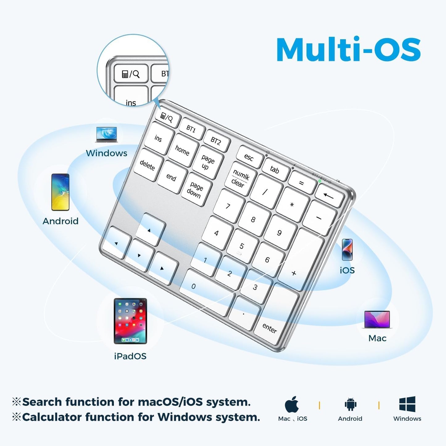 iClever KP10 Bluetooth Number Pad, Dual Device Connection, 34 Keys Ultra-Slim for Mac/Windows/iPad, USB-C Rechargeable, Quiet Keys, Excel Accounting Numpad with Long Battery Life