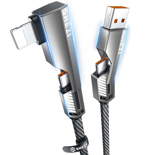 4-in-1 USB C Cable 3FT Compatible with Lightning Cable 90 Degree Fast Charging Flat Nylon Braided for iPhone/iPad Charger Cord Multi Charge Cord with L/USB C/USB A Ports, Grey