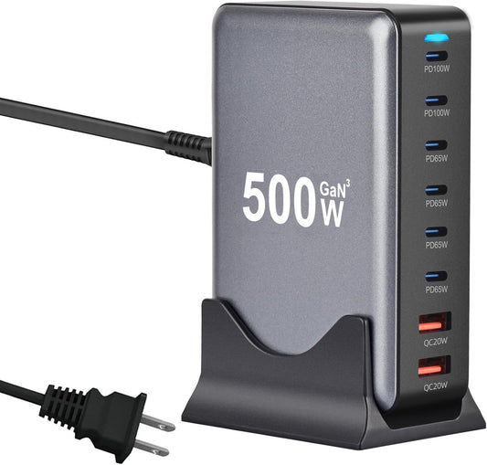 500W USB C Fast Charger Block, 8 Port Charging Station, GaN Ⅲ Multi Port Charging Station Hub for Multiple Devices, Multiport USB Charger Station Compatible with MacBook iPhone iPad Dell