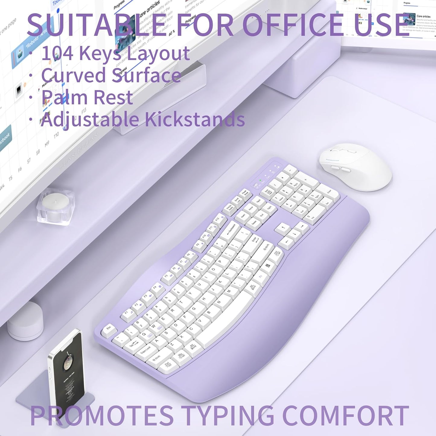 Ergonomic Wireless Keyboard and Mouse Combo, Wave Keys Keyboard with Wrist Rest for Natural Typing, 3 DPI Adjustable Ergonomic Silent Mouse for Computer/Laptop/Windows/Mac (Purple)