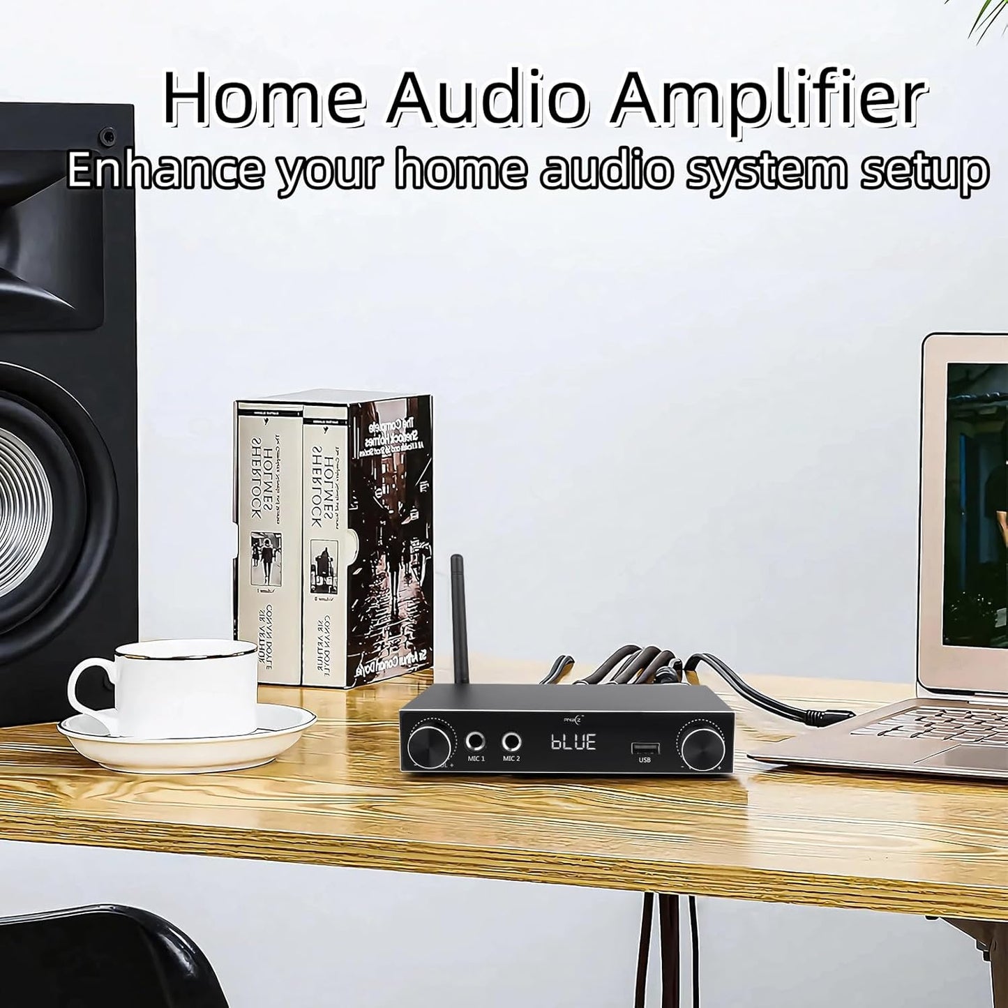 5.3 Bluetooth Audio Amplifier 2-Channel Stereo Hi-Fi Amplifier with Optical/Bluetooth/USB/HDMI/AUX, Dual Microphone Channels for Home Theater/Speakers/TV Sound System