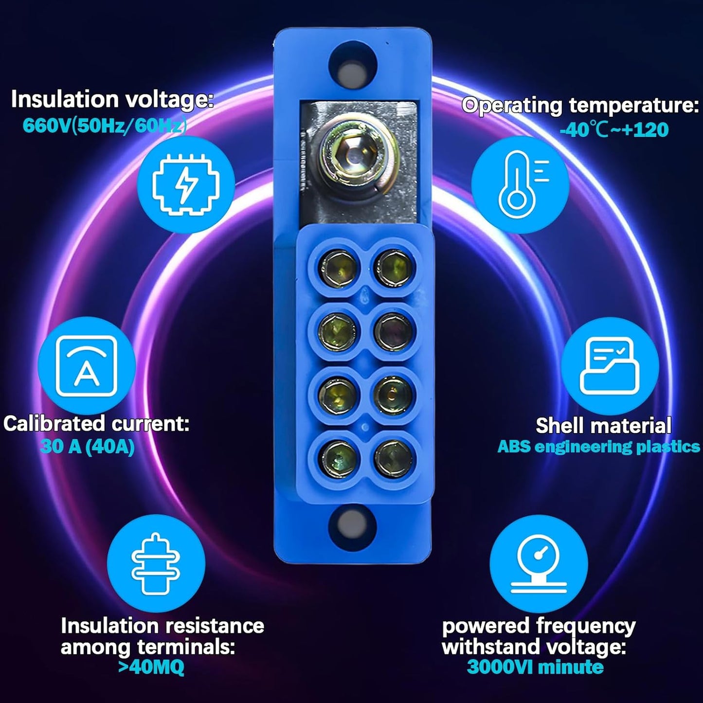 Busbar Terminal Block 1-in-4-Out | 12V-690V 60A High Current Power Distribution | Flame Retardant PC | with Thickened Copper Busbars for Industrial/EV Systems one Piece