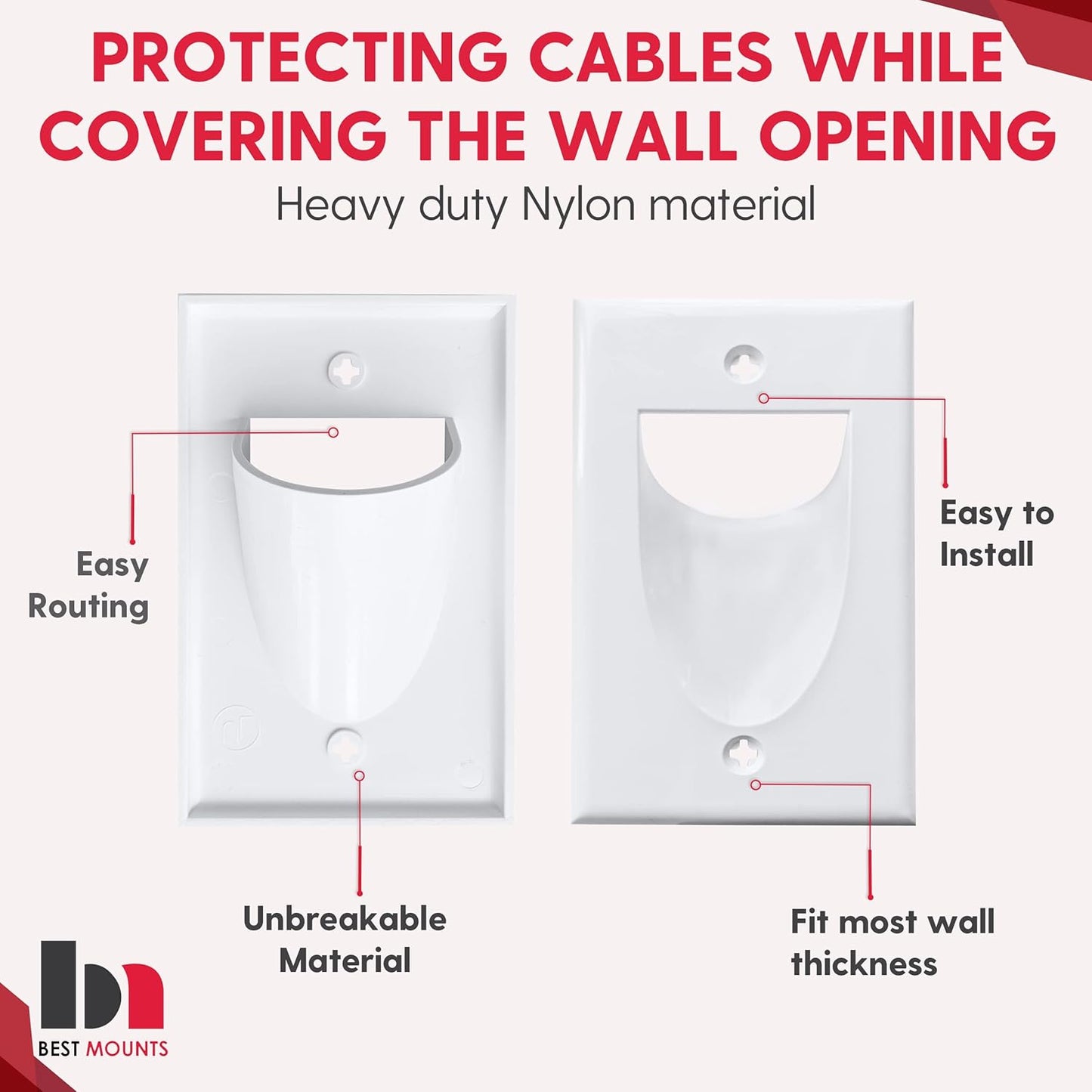 BestMounts - 12 Pack Inner Nose Behind Wall Cable Management TV Cord Hider for Wall Mounted TV - Single Gang Low Voltage Recessed Wall Plates Cable Pass Through for Wires, HDTV, HDMI (White)