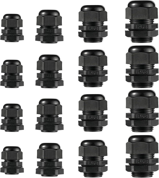 PENGLIN Cable Glands NPT Nylon Cable Connector, Strain Relief Cord Connector, IP68 Waterproof Adjustable Locknut(1/4" 1/2" 3/4" 1" Glands Combo(16-Pack))