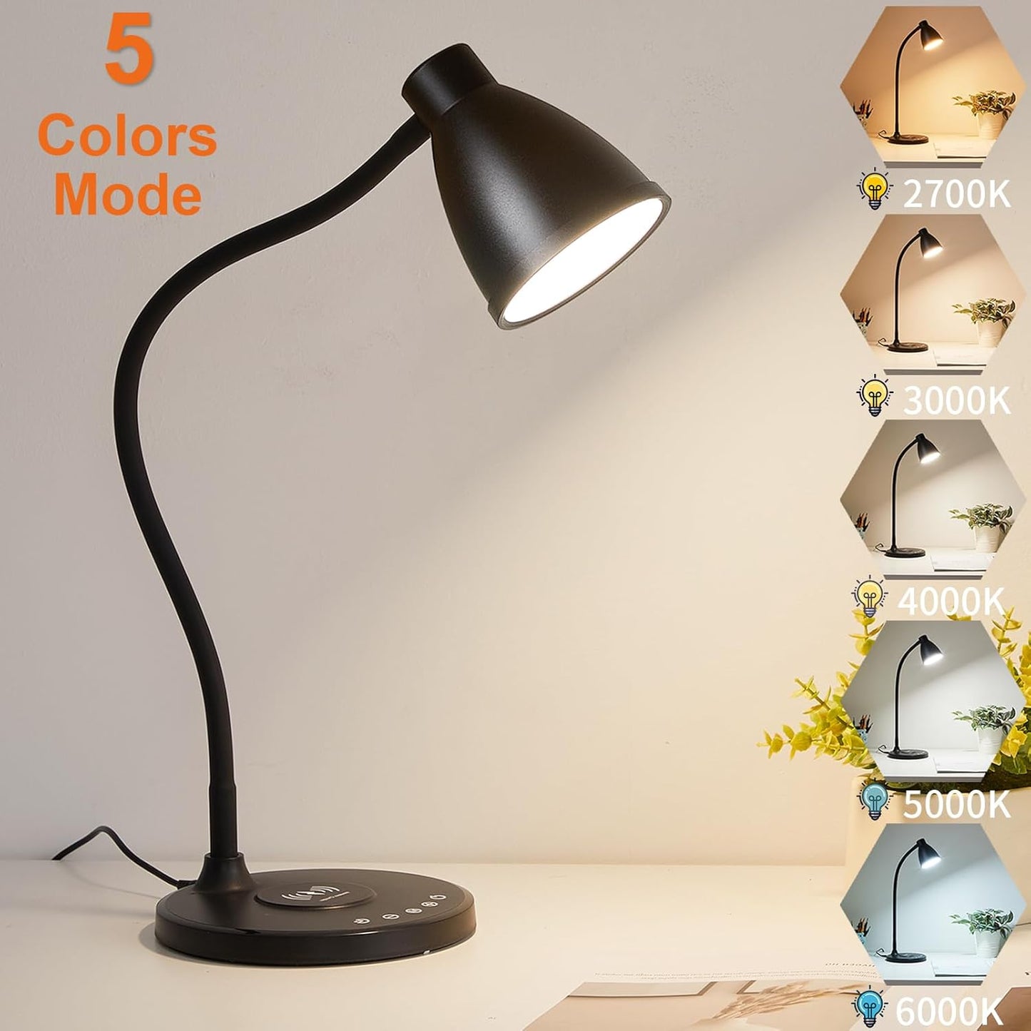 BOHON Desk Lamp for Home Office, LED Desk Light with USB C+A Charging Ports, Wireless Charger, 5 Colors Stepless Dimming Reading Light Timer, Touch Bedside Table Lamp for College Dorm Room Black
