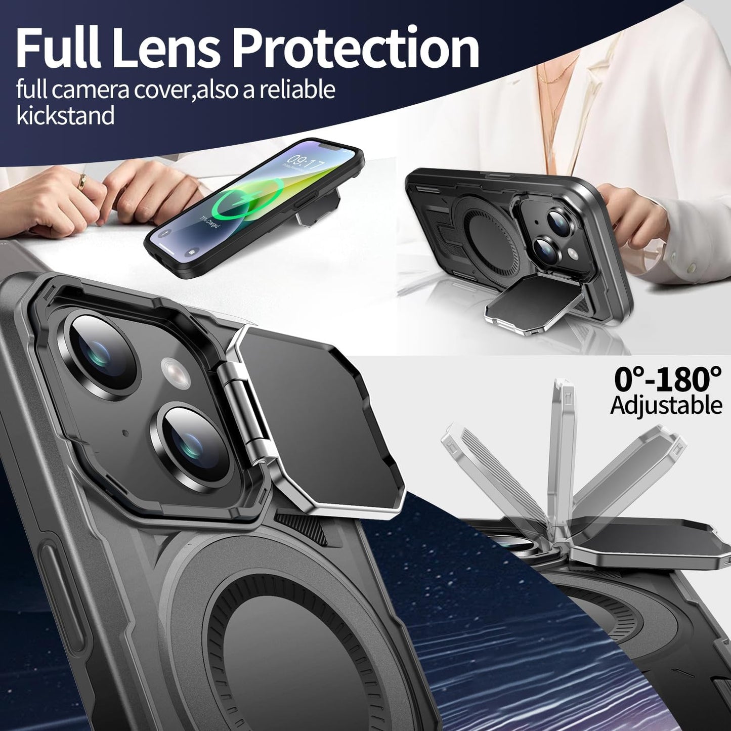 Camera Stand Case for iPhone 13/14, [Compatible with MagSafe] [Lens Cover] 2024 Version Military Grade Protective Soft Case for iPhone 13/14 6.1 inch Men Women, Black