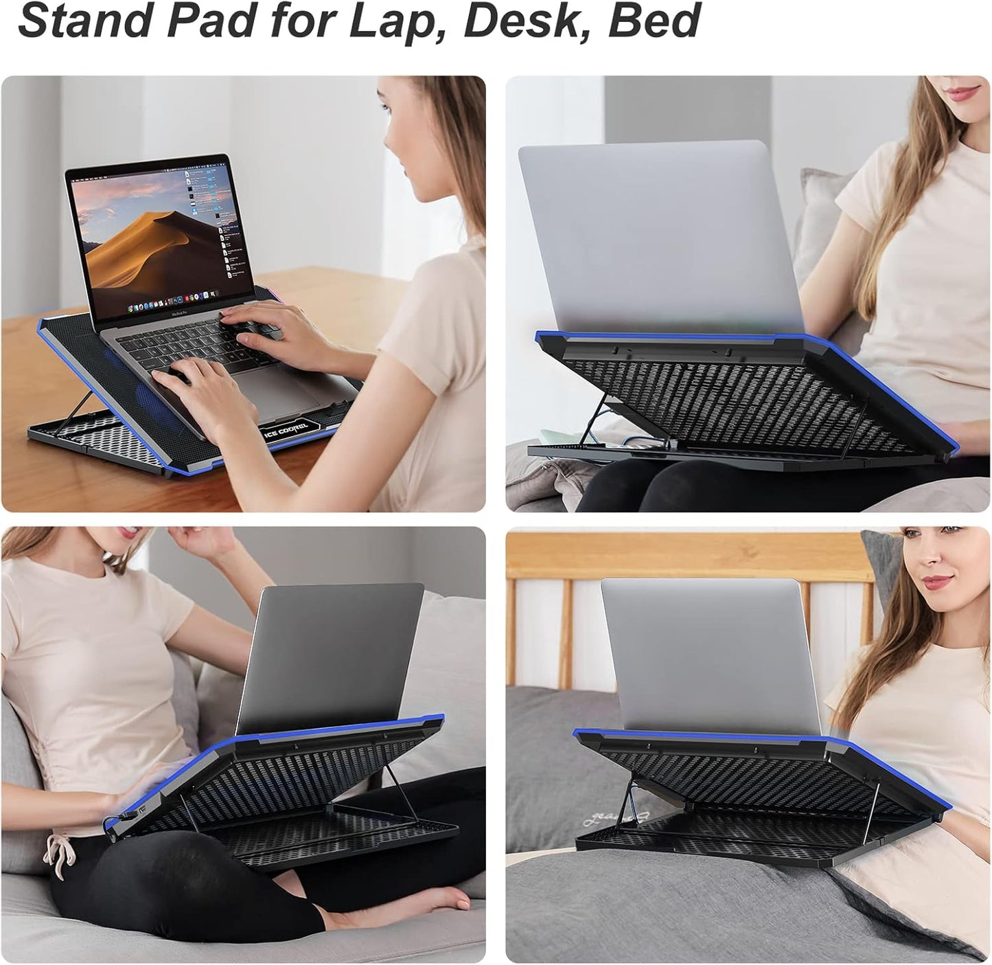 ICE COOREL Laptop Cooling Pad with 6 Cooling Fan, Laptop Cooler Fan with No Lights, Cooling pad for Laptop 15-17 Inches, Notebook Cooler Stand with 9 Height Adjustable, Cooler Pad for Lap or Desk Use