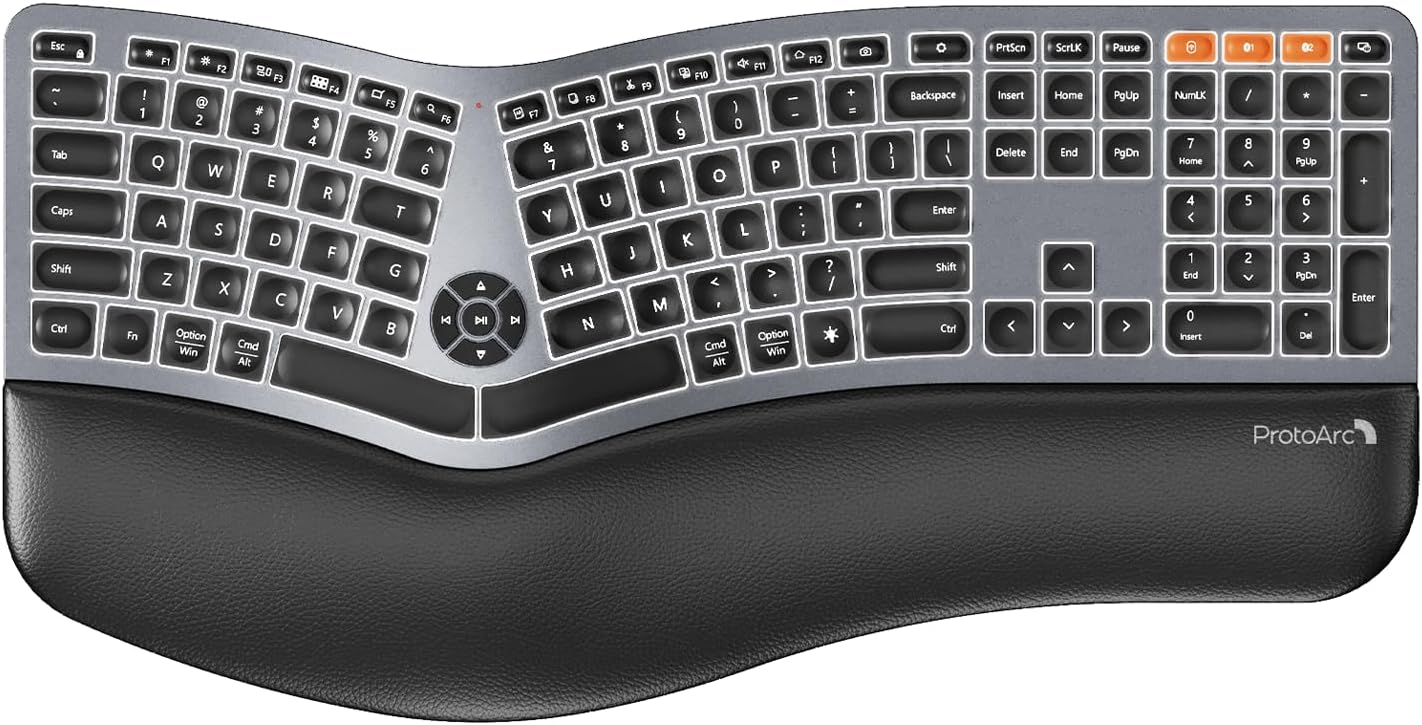 Backlit Bluetooth Ergonomic Keyboard, ProtoArc EK01 Plus Full Size Wireless Split Keyboard with Dual Bluetooth and USB, Cushioned Wrist Rest, Rechargeable for Windows/Mac/Android, Grey Black