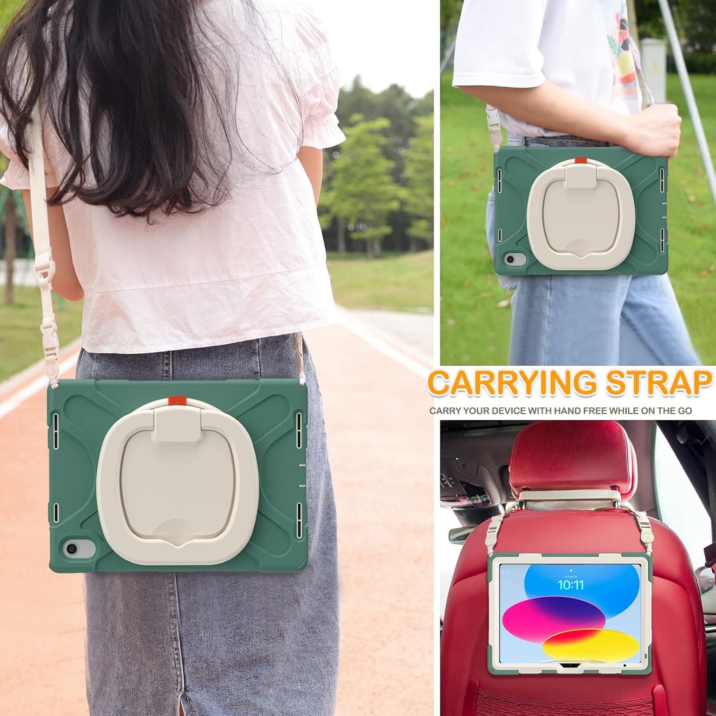 BRAECN Case for iPad (A16) 11th/10th Generation 11”/10.9'' 2025/2022-Heavy Duty Rugged Silicone Cover with Pencil Holder/Rotating Handle Grip/Stable Kickstand/Adjustable Shoulder Strap, Emerald Green