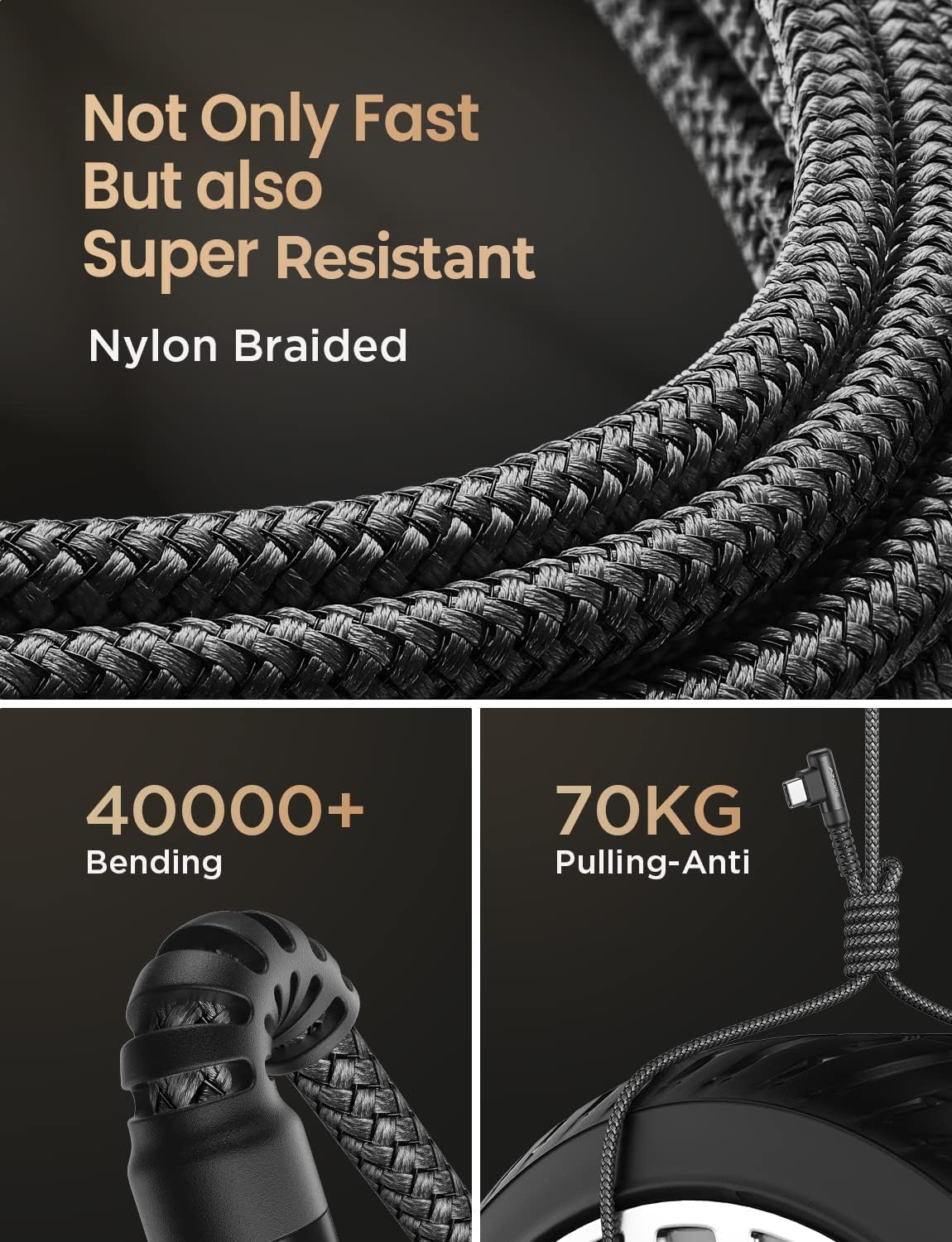 AINOPE USB Type C Cable 5-Pack [10/6.6/6.6/3.3/1.6ft] 3.1A C Type Charging Cable Right Angle, Nylon Braided USB C Cable Compatible with Galaxy S22 S20 Plus, Note 20, LG V20, Type C Charger Black