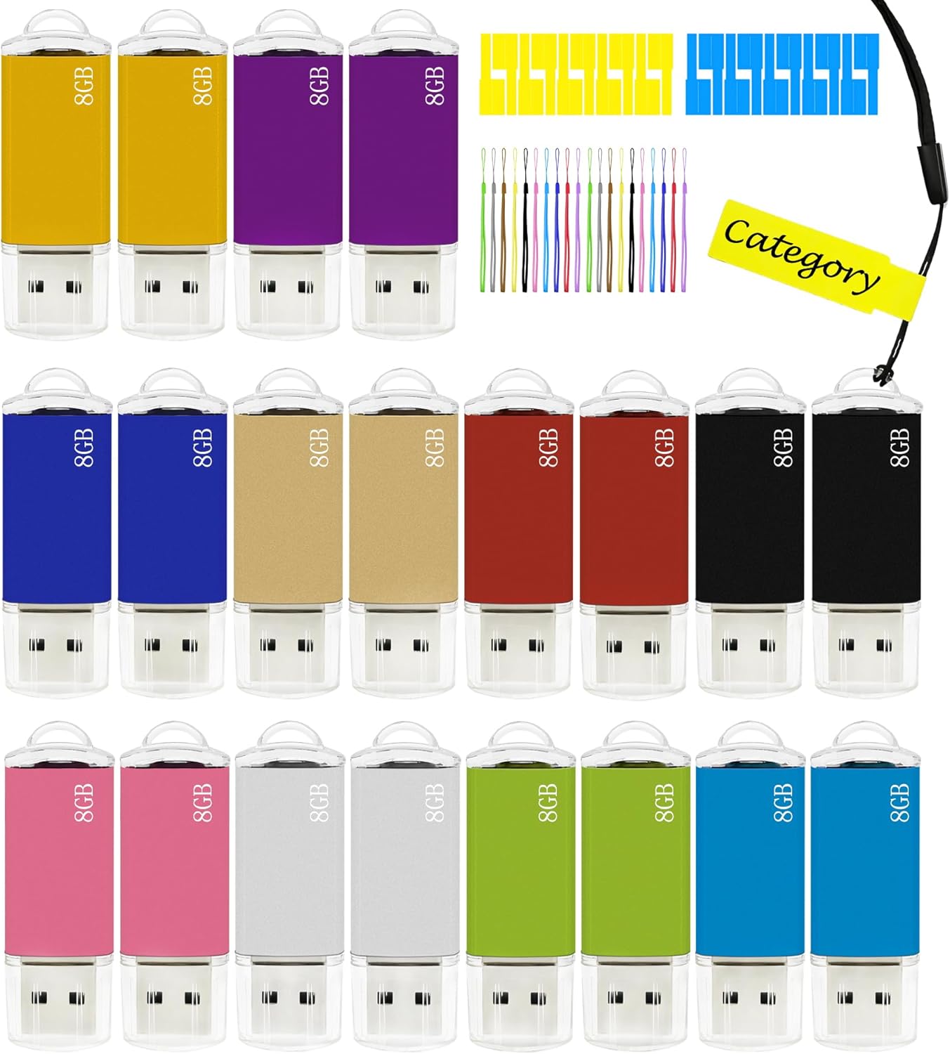 8GB FAT32 USB Flash Drive 20 Pack Nicepicten Bulk USB 2.0 Thumb Drives 20Pack Metal Jump Zip Drive Memory Stick Pendrive Memoria USB 8 GB with 20PCS Lanyard Label - Mixcolor 20 X 8GB Flash Drives