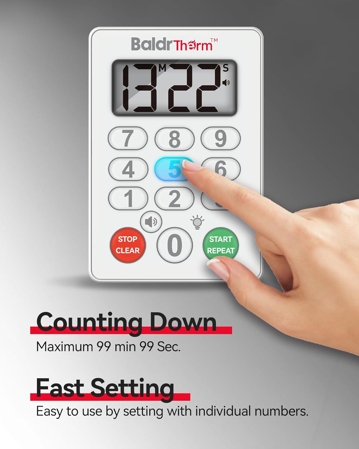 BaldrTherm Digital Kitchen Timer, Magnetic Waterproof Countdown Timer for Cooking, Shower, Workout, Classroom, Hair Color Processing, White.