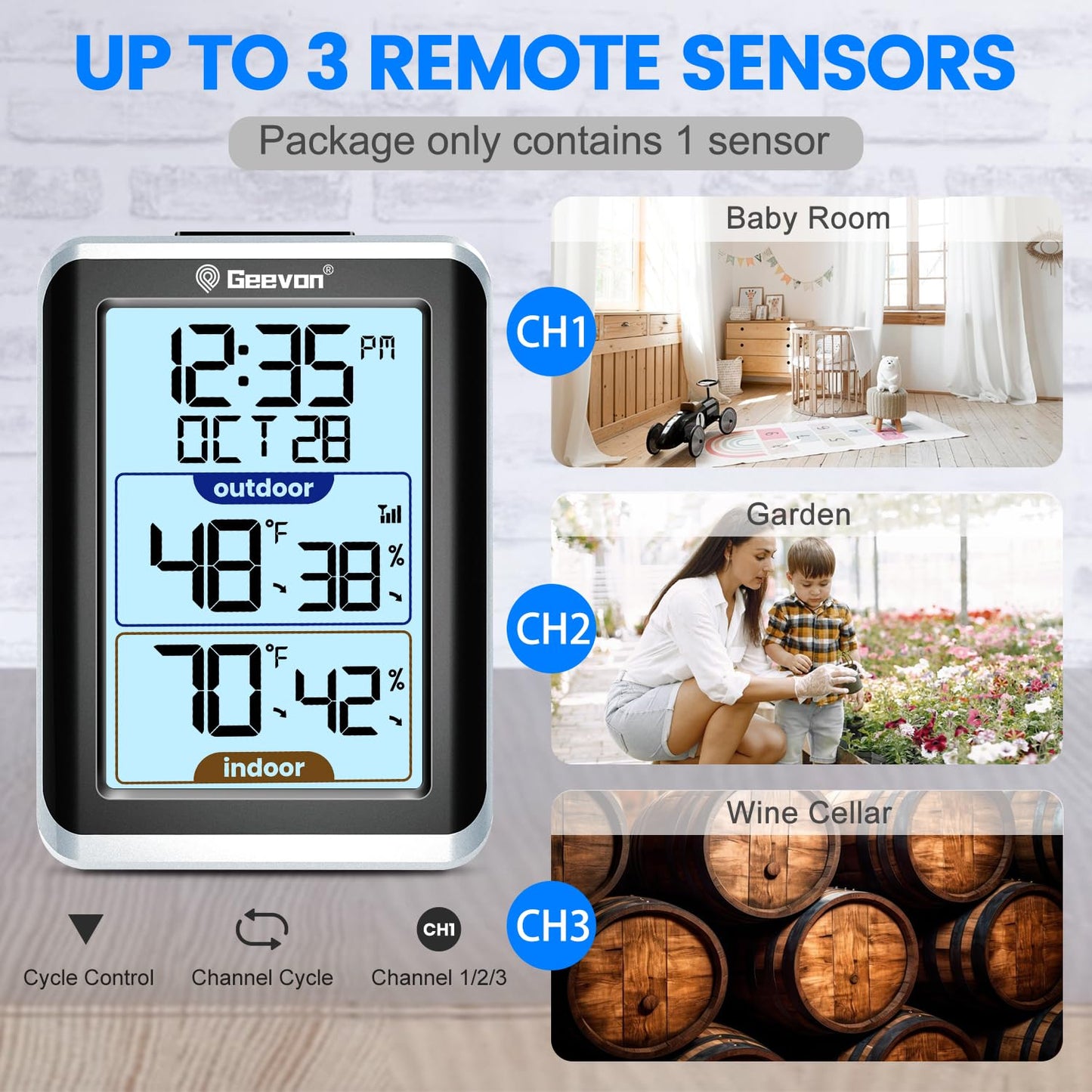 GEEVON Indoor Outdoor Thermometer Wireless Digital Hygrometer Temperature and Humidity Gauge with Time, 200ft/60m Range Temperature Humidity Sensor (Black)