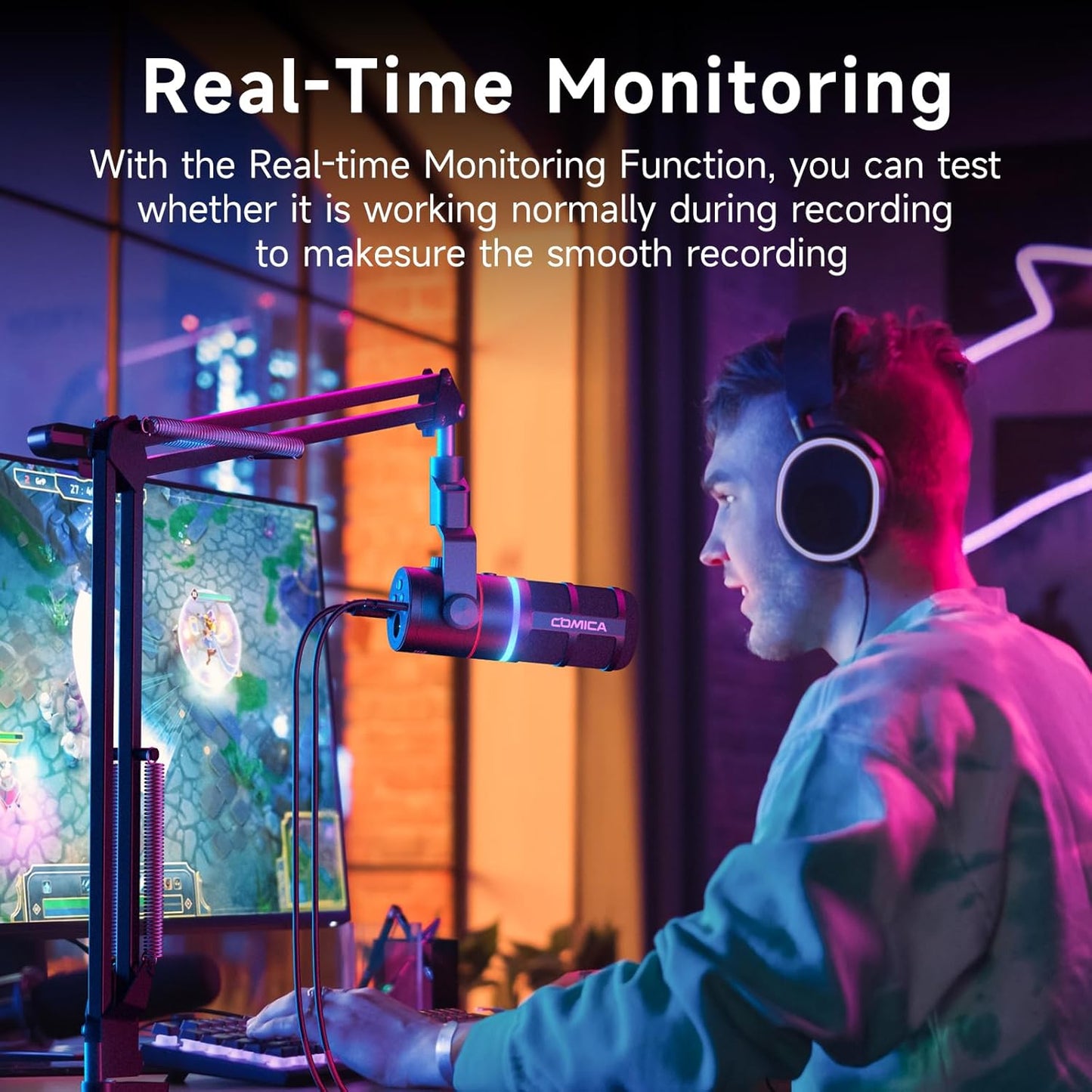 COMICA EJoy D10(A) USB Gaming Microphone – Boom Arm Mic with Noise Cancellation, XLR/USB-C, Real-Time Monitoring, Muting, RGB Professional Studio Mic for Gaming, Streaming, Podcast, Recording (Black)