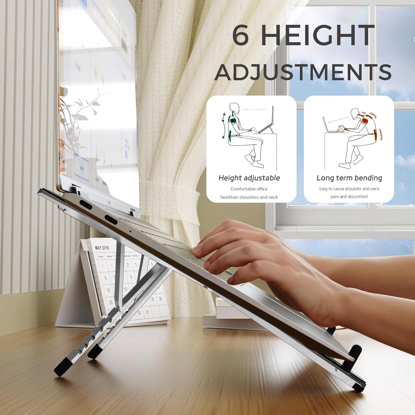 Junfire Foldable Laptop Stand for 17.3 inch, Aluminum Stable Ergonomic Laptop Riser with 6-Levels Height Adjustment, Fits with MacBook Air, MacBook Pro, HP, Dell, Lenovo (Up to 17.3'')-Sliver