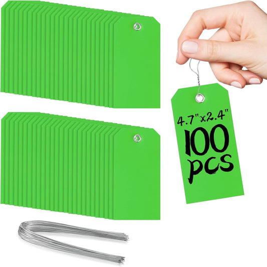 100 Pcs Green Tags with Wires Waterproof Writable Hang Tags with String Attached Heavy Duty Shipping Moving Tags for Luggage Parts Machines(Green, 4 3/4" x 2 3/8")