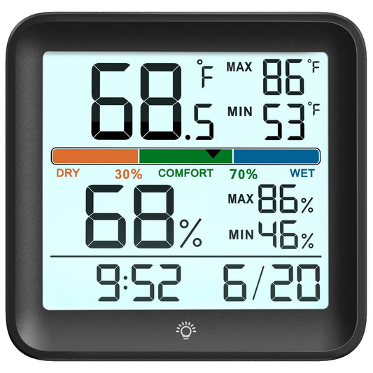 Indoor Thermometer Room Temperature Home Hygrometer Humidity Gauge, Accurate Calibration, Backlight, Air Comfort Indicator, Max Min Records, Time, Date (1, Black, 3.6" W x 3.4" H)
