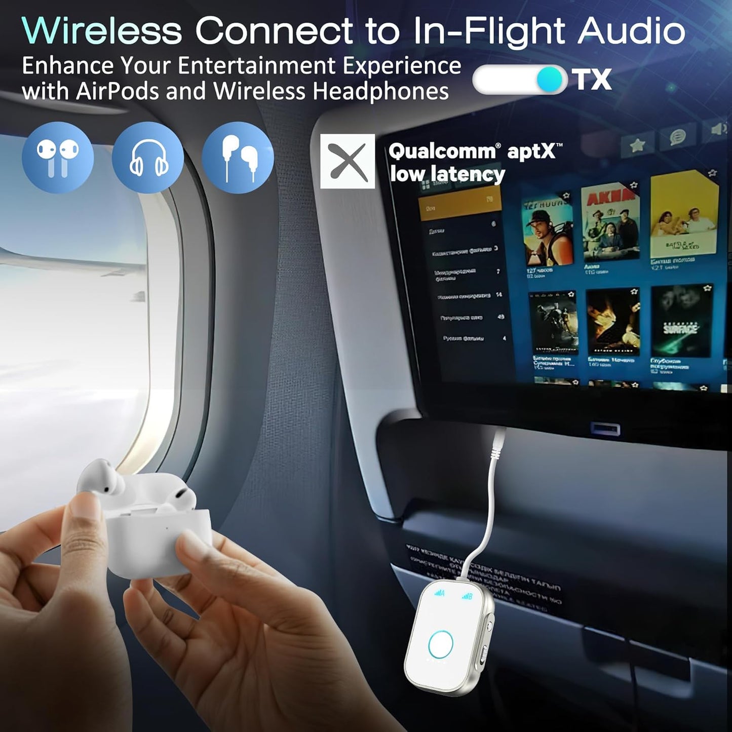 Bluetooth Transmitter Receiver, 2-in1 Wireless Adapter for Airplane, Bluetooth 5.3 Transmitter for TVs, Gym Equipment, Cars,Use with 3.5mm Jack and RCA Cable