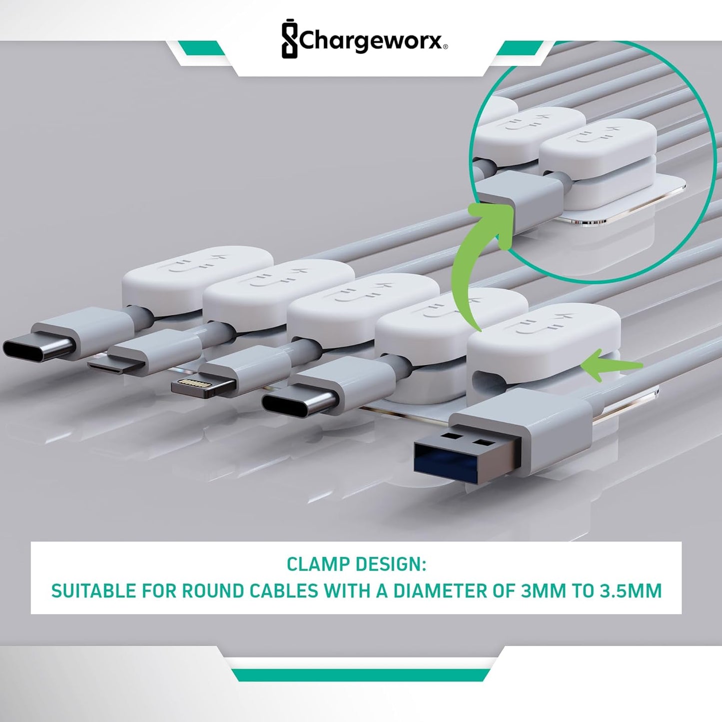 Magnetic Cable Clips [5-Pack] – Chargeworx Cord Organizer for Desk, Nightstand, Car, Wall – Strong Adhesive Wire Holder for USB-C, Lightning, Micro-USB – Tangle-Free, Snap-On, Easy Cable Management