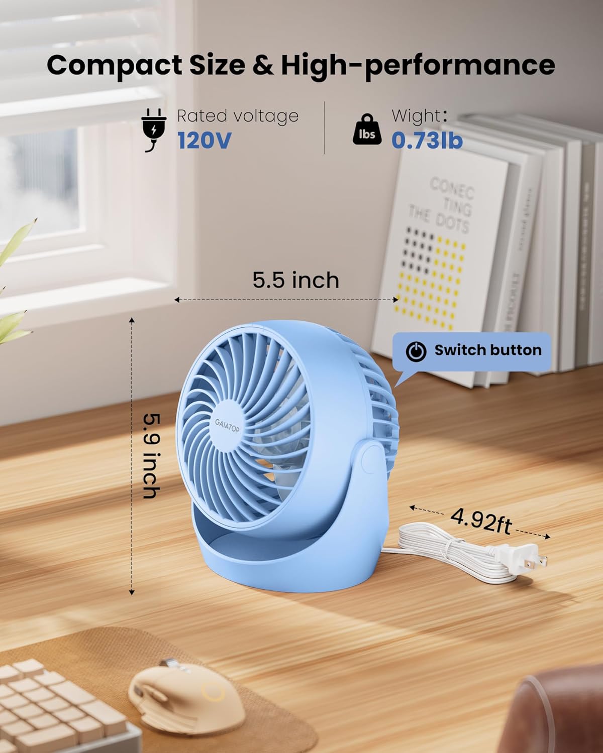 Gaiatop Desk Fan, 5-Inch Portable Electric Table Desktop Air Circulator Fans, Small but Powerful with 3 Speed 360° Adjustable Tilt for Cooling Home Dorm Office Bedroom Bathroom Kitchen, Blue