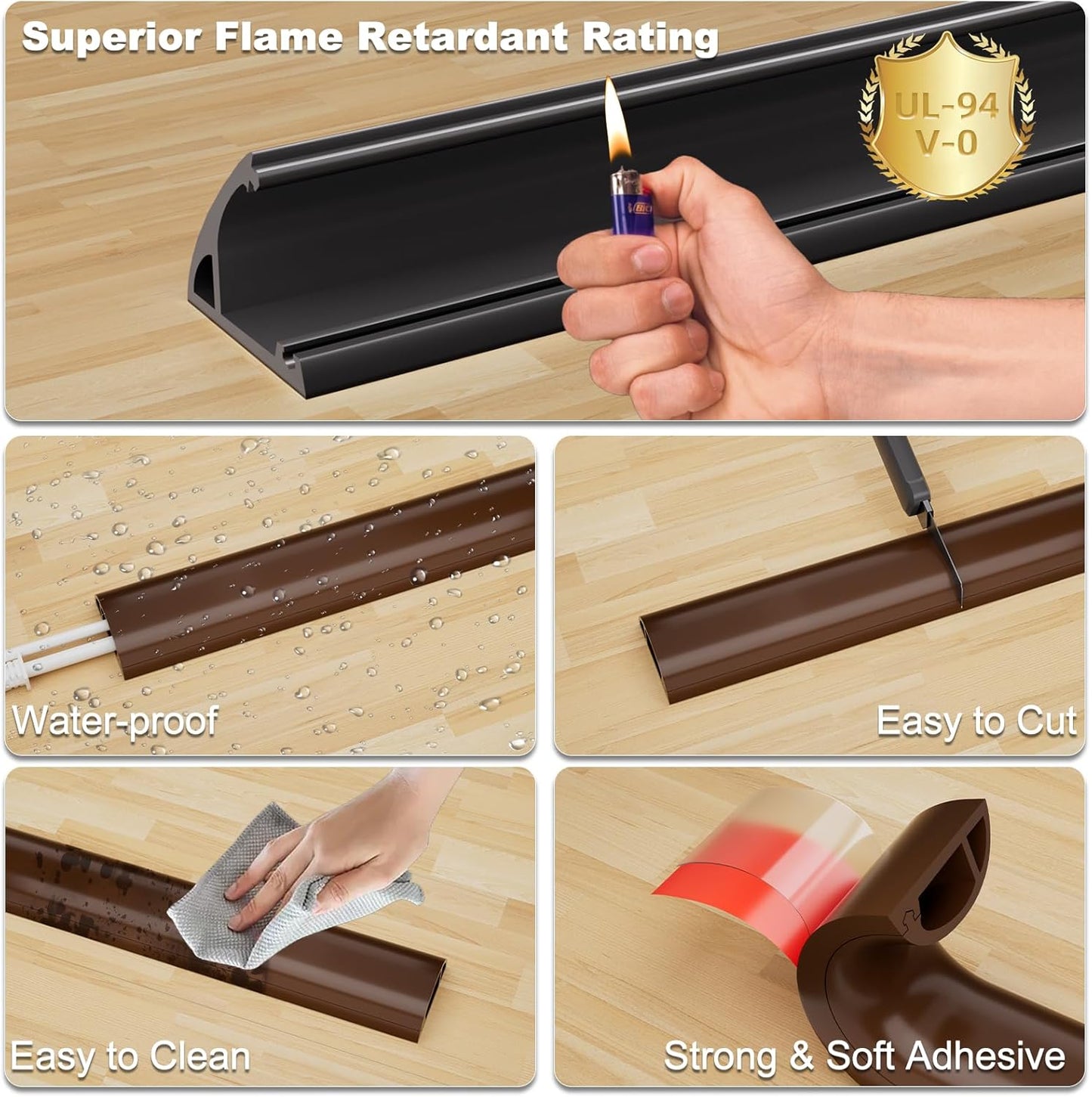 4FT Side-Open Extension Cord Covers for Wires on Floor,Silicone Power Cable Protector Cord Hider Management Strip,Hide Electric Wire on Carpet,Chord Runner Protective Safety Wiremold,Brown