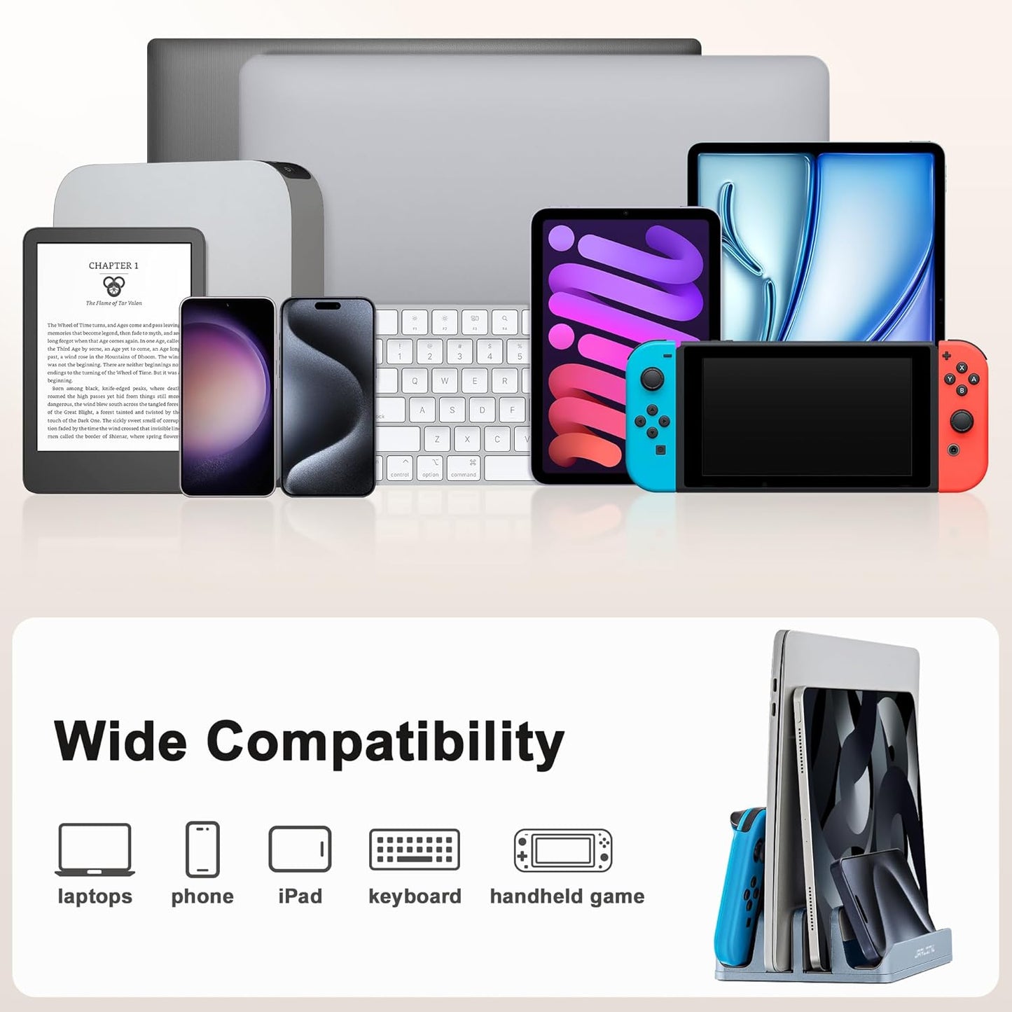 JARLINK 4-in-1 Adjustable Vertical Laptop Stand Holder, Aluminum Dual Slots Laptop Rack for Desk, Space-Saving Organizer Compatible with All MacBook, Surface, Chromebook, and Gaming Laptops (Grey)