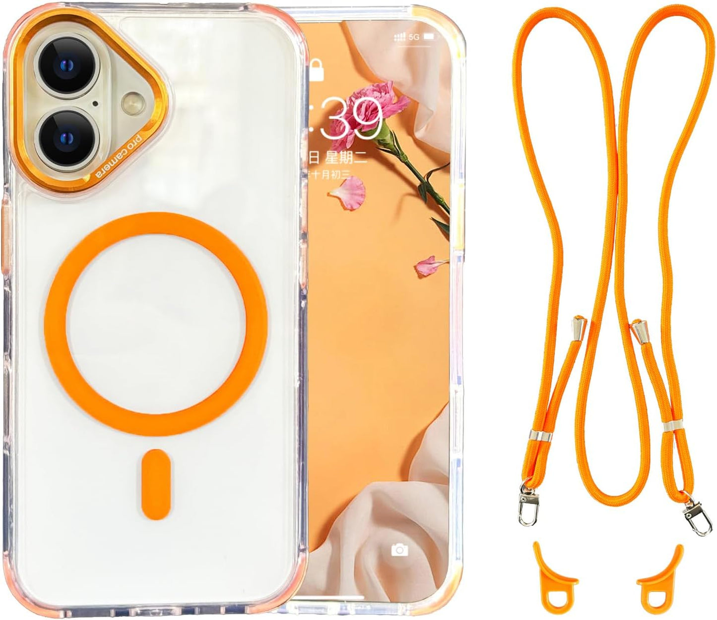 for iPhone 16 Case with Adjustable Phone Lanyard Strap, Compatible with MagSafe, Shockproof Military-Grade Protection, Magnetic Phone Case, Classic Clear Orange Hybrid Case, Yellowing Resistant