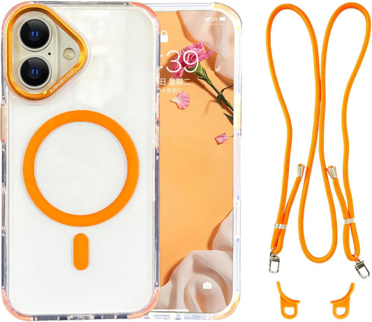 for iPhone 16 Case with Adjustable Phone Lanyard Strap, Compatible with MagSafe, Shockproof Military-Grade Protection, Magnetic Phone Case, Classic Clear Orange Hybrid Case, Yellowing Resistant