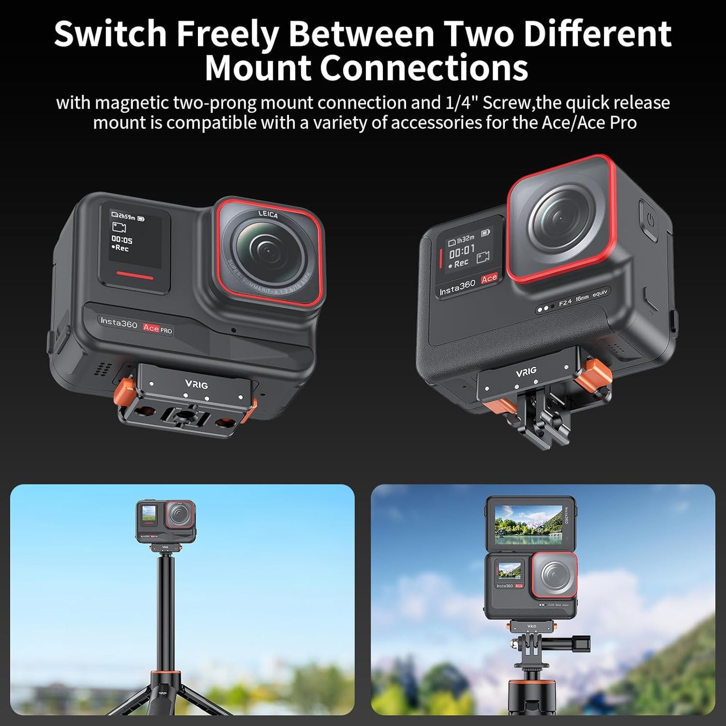 VRIG Magnetic Base for Insta360 Ace/Ace Pro Magnetic Quick Release Adapter Tripod Adapter Mount with Ace Pro/Ace/ X3/ X4/ X5/ ONE RS 1 inch 360 Degree Version/ONE RS Twin/ONE X2