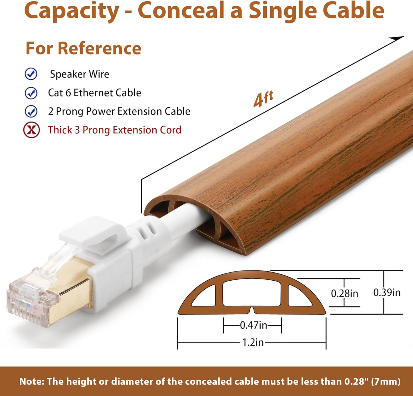 Floor Cord Cover 4ft, Cord Hider Floor Brown Walnut Wood, Cable Management Prevent Trips, Cable Cover Wire Covers for Electric Power Cords, Wire Protector Cavity W0.47in x H0.28in