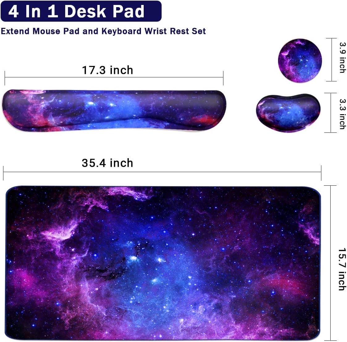 Keyboard Mouse Pad Set, Extended Mouse Pad+Keyboard Wrist Rest Support, Memory Foam Ergonomic, 3Pcs (35.4×15.7 in) Desk Pad Set for Home Office Study Game - Galactic