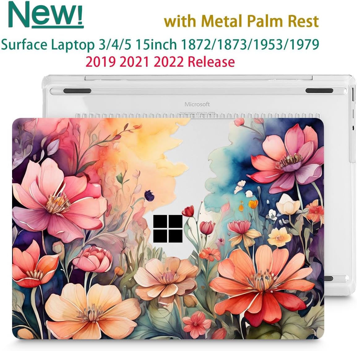 Tuiklol Case for 15 Inch Microsoft Surface Laptop 5/4/3 2022-2020, Model 1979/1953/1872/1873 Hard Shell Cover, Keyboard Cover+Screen Protector+Dust Plugs,Ilustration Flowers