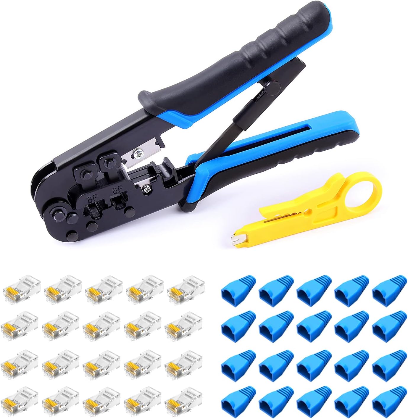 Delgada RJ45 Ethernet Crimping Tool kit,4in1 Professional Cutter Stripper Network Crimper for RJ-11,6P/RJ-12,8P/RJ-45 Crimp,with 20pcs Cat5 Cat5e RJ-45 Connectors-20PCS Covers-1 Network Wire Stripper