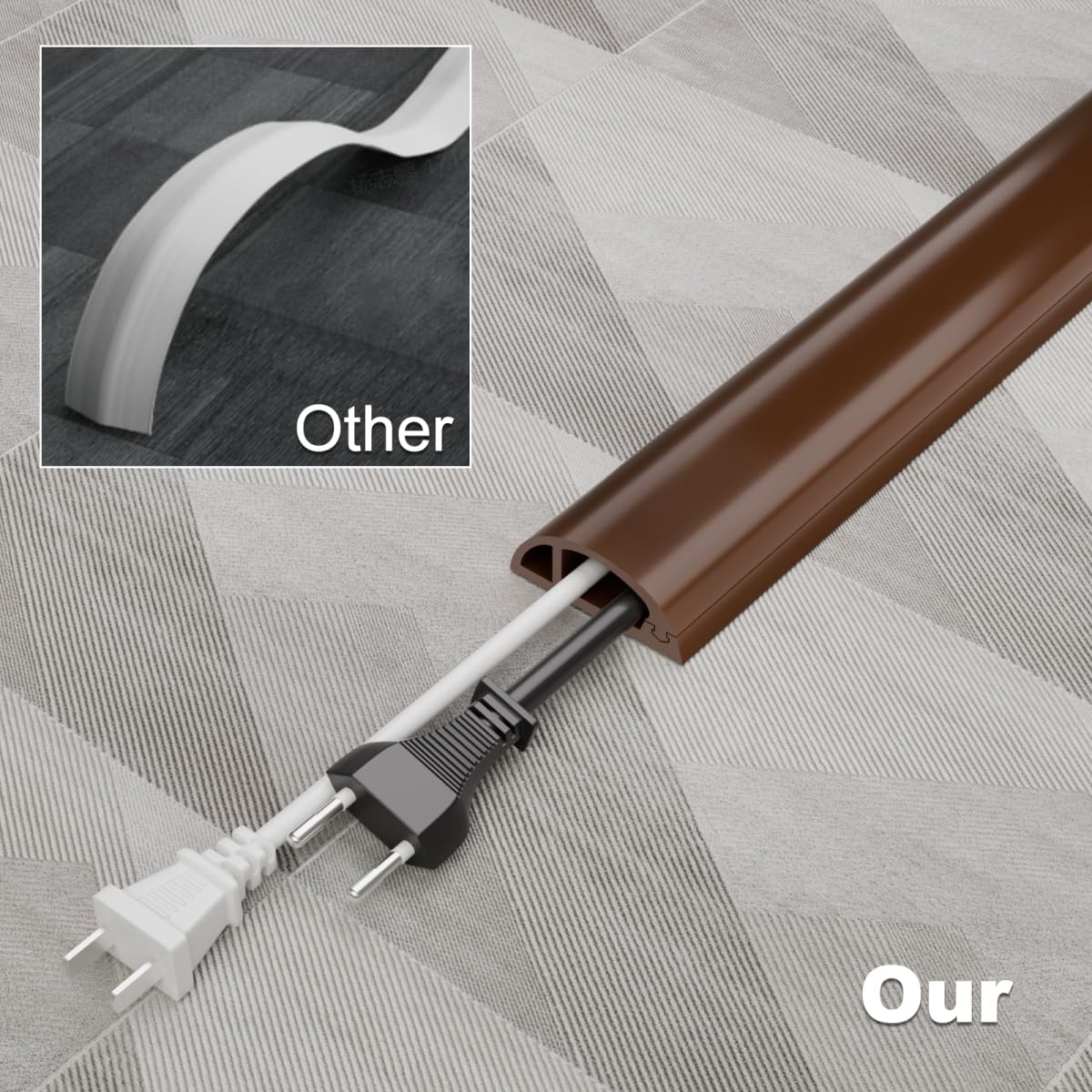 10FT Side-Open Extension Cord Covers for Wires on Floor,Silicone Power Cable Protector Cord Hider Management Strip,Hide Electric Wire on Carpet,Chord Runner Protective Safety Wiremold,Brown