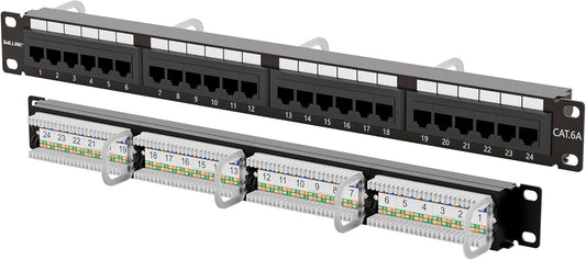 Iwillink 10Gbps Cat6A Patch Panel 24 Port, RJ45 Patch Panel UTP 19-Inch, 1U Network Patch Panel Wallmount or Rackmount Punch Down Block for Cat6A, Cat6, Cat5e, Cat5 Cabling