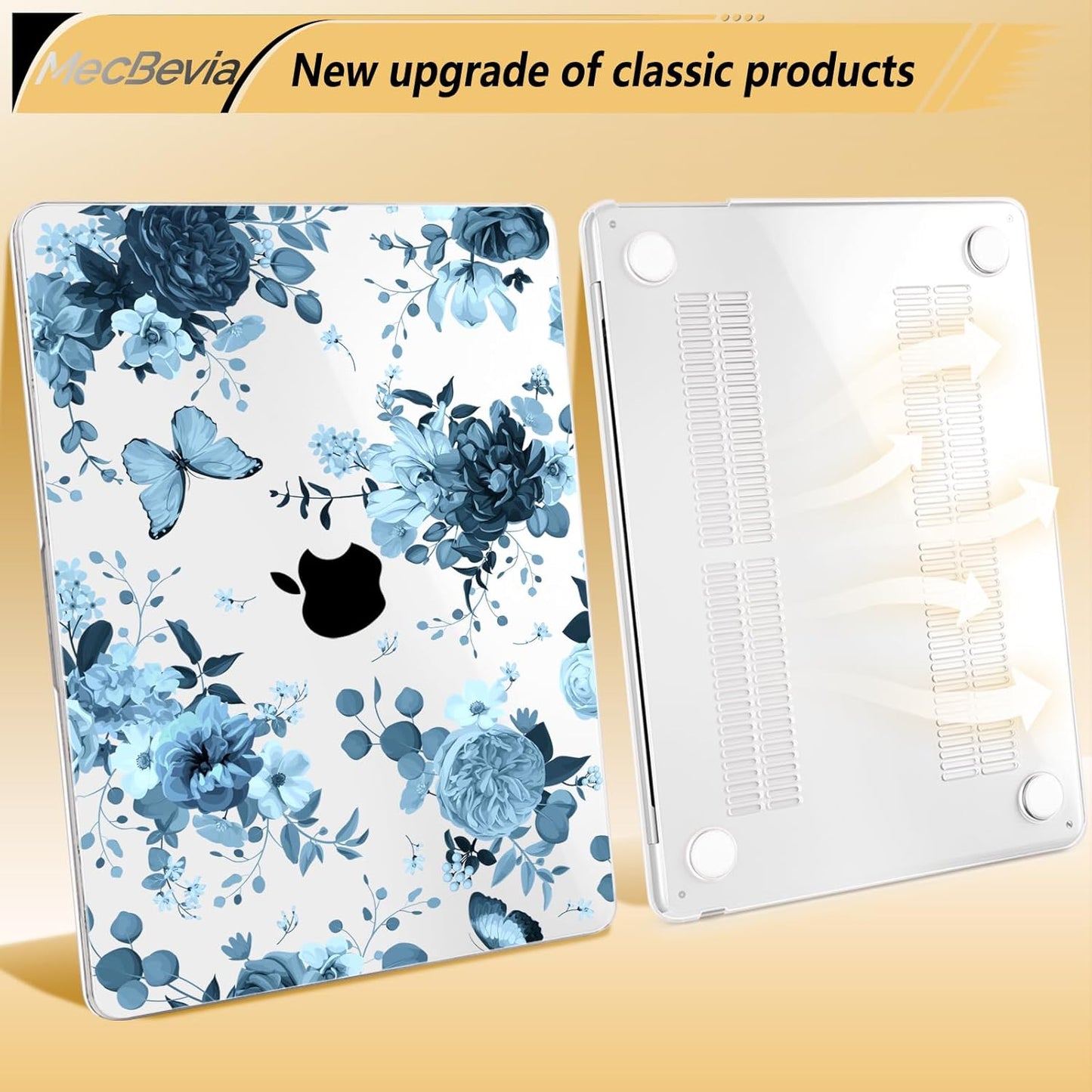 Compatible with MacBook Air 13.6 inch Case, M4 A3240/M3 A3113/M2 A2681 (Released 2025 to 2022), Hard Shell, Keyboard Cover, Screen Protector, Webcam Cover & Type-C Adapter, Blue Flowers