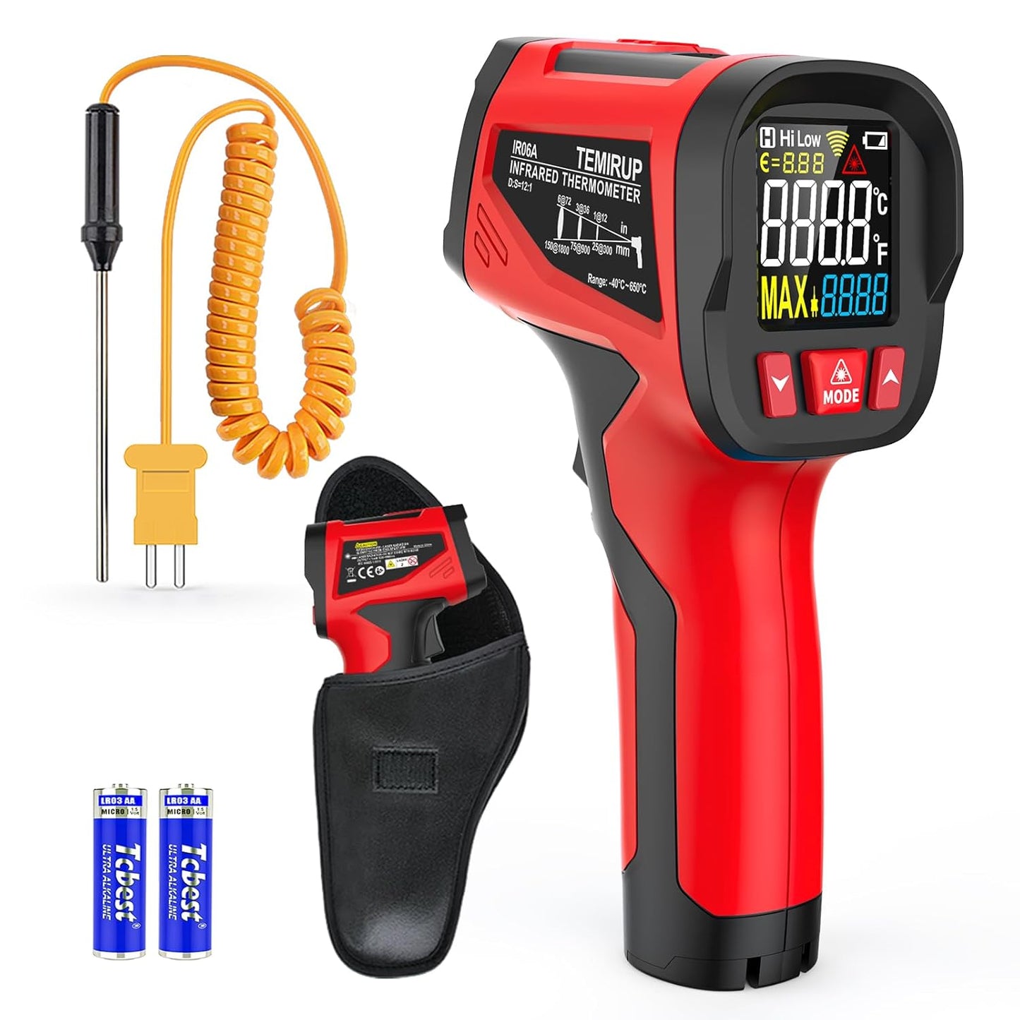 Infrared Thermometer Gun - TEMIRUP Non-Contact Digital Laser Temperature Gun with Color LCD Display for Cooking, Griddle, Engine, HVAC, IR Temp Gun with Adjustable Emissivity,-40℉~1202℉(-40℃~650℃)