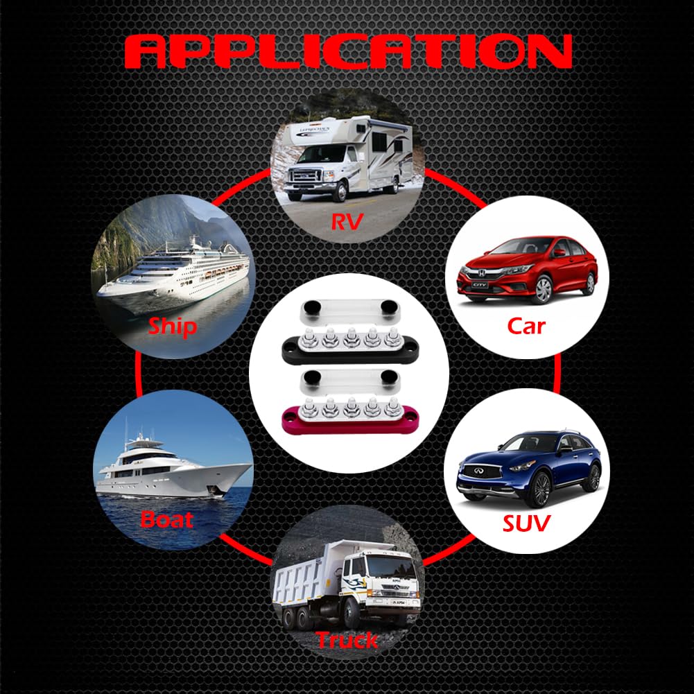 5 x M6 (1/4") Studs Power Distribution Block Bus Bar 12V, Ampper 4.3" 150A Marine BusBar Battery Distribution Block W/Cover for Car Boat Solar (Red & Black)