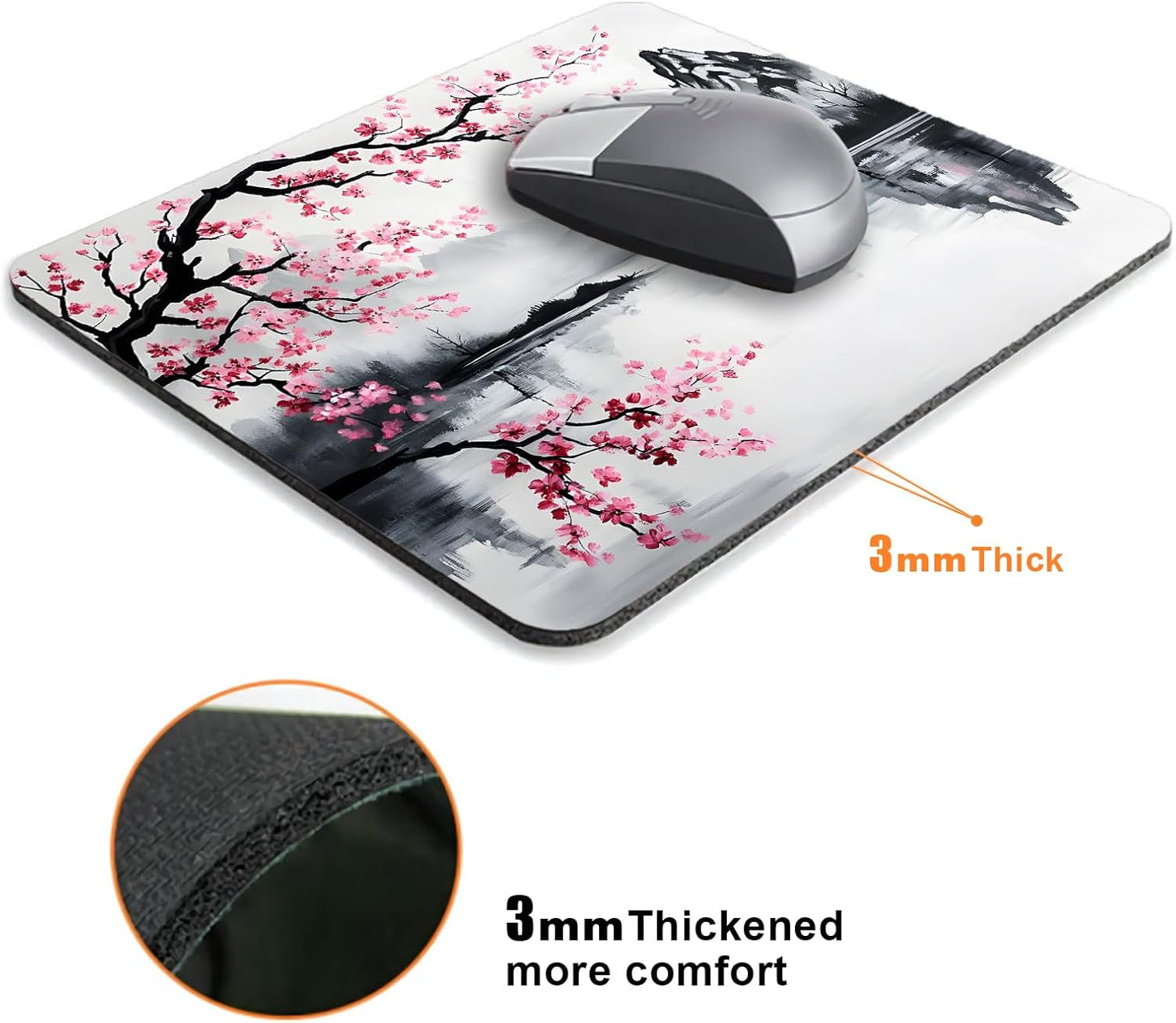 Japanese Cherry Blossom Mouse Pads for Desk, Portable Wireless Computer Mouse pad Small Design with Women, Non-Slip Rubber Base Laptop Mousepad 9.5" x 7.9" Smooth Surface for Office & Travel