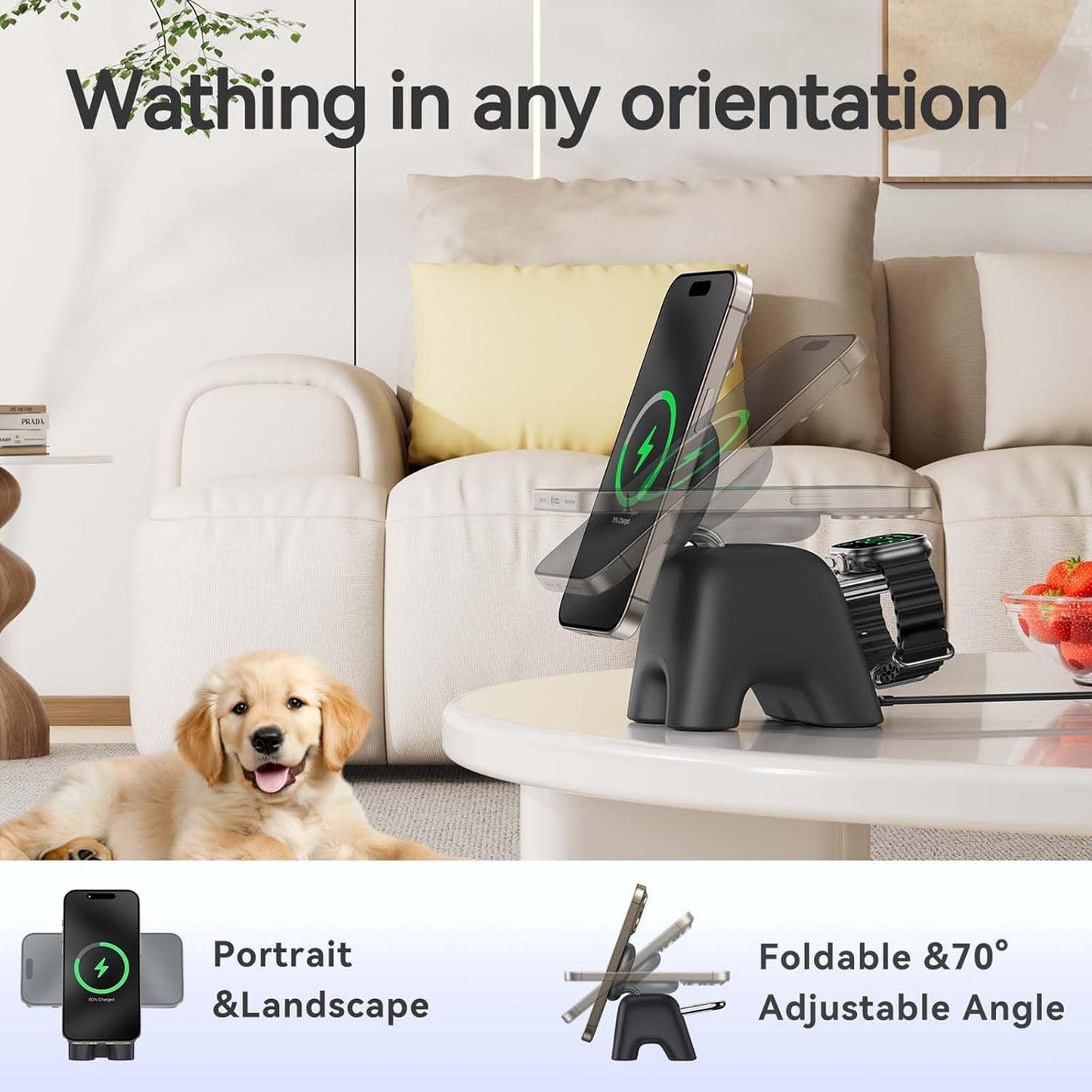 2025 Magnetic Wireless Charging Station, 15W Mag-Safe Charger Stand for iPhone 16 15 14 13 12 Pro Max, 5W for Apple Watch&Airpods, 2-in-1 Foldable Charger for Home/Office/Travel(with 30W Adapter)