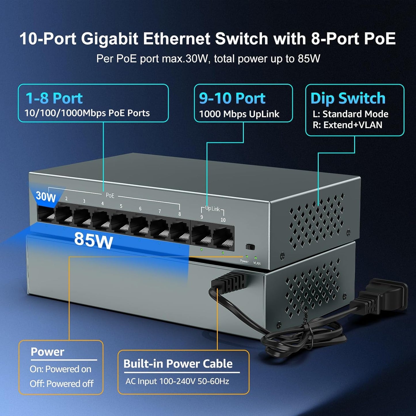 YuanLey 8 Port Gigabit PoE Switch with 2 Gigabit Uplink, 8 Port PoE+ 1000Mbps, 85W 802.3af/at, Extend Function, Metal, Fanless, AI WatchDog, Unmanaged Plug and Play Smart Detection Ethernet Switch